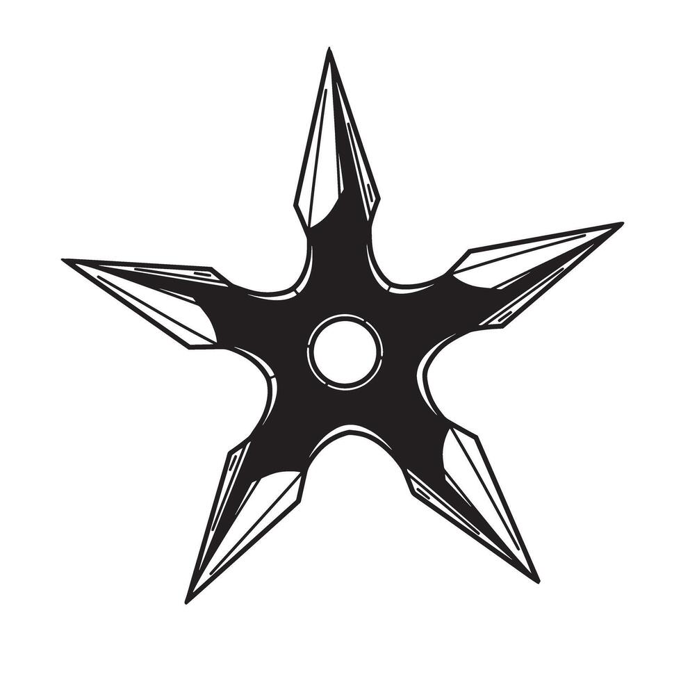 A detailed illustration featuring a black silhouette of a ninja star weapon displayed against a clean white background. vector