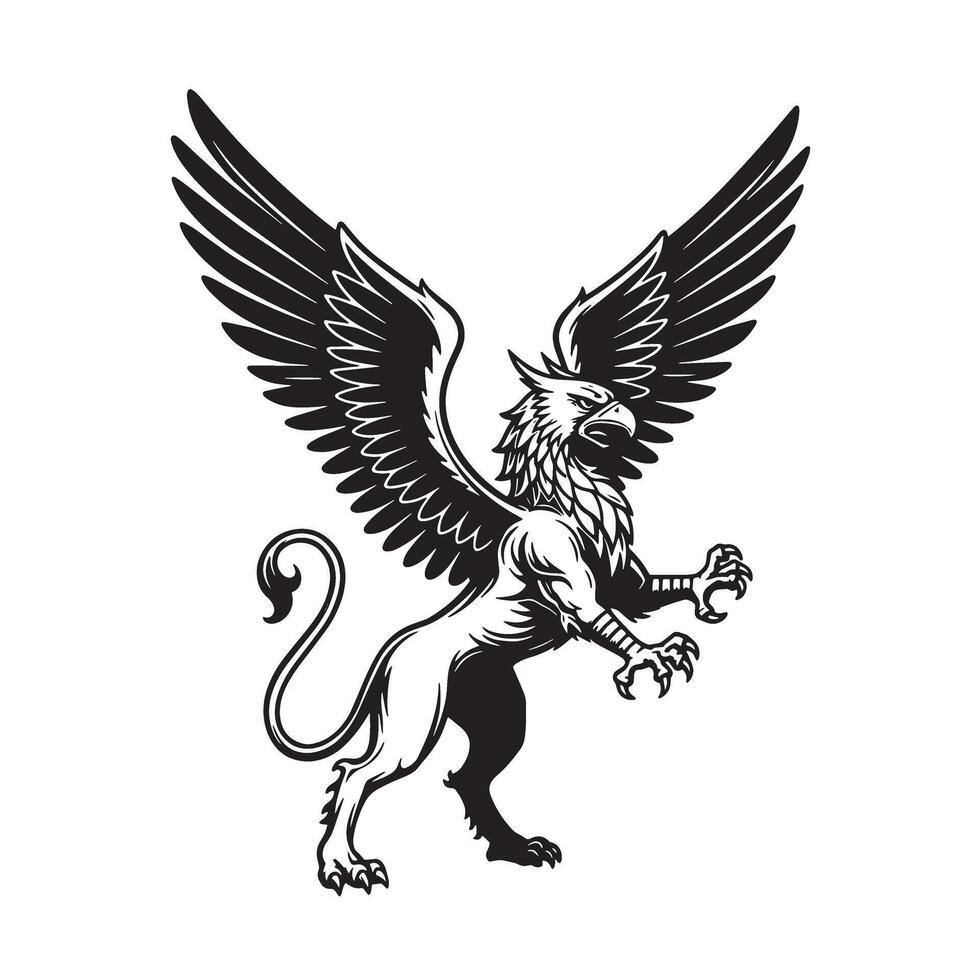 Majestic vintage art silhouette depicting a powerful mythical griffin with outspread wings and a detailed design vector