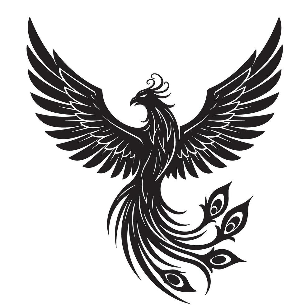 Elegant silhouette of a majestic phoenix bird displaying its wings in graceful flight against a clean white background vector