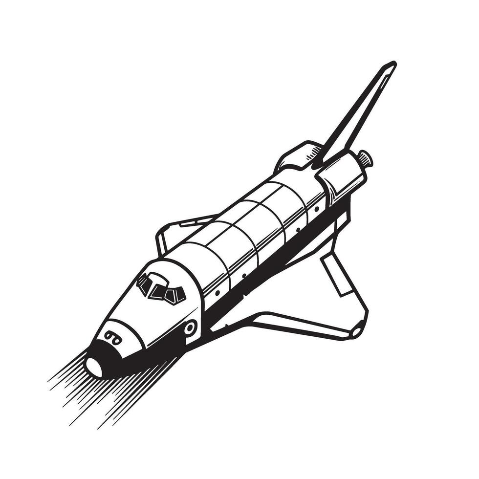 Retro vintage silhouette illustration of a space shuttle in flight perspective design vector