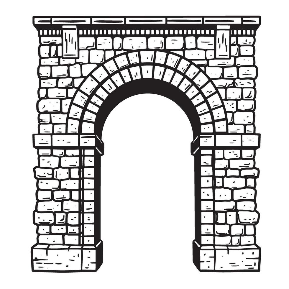 Simple black and white illustration of an ancient stone archway for architectural designs vector