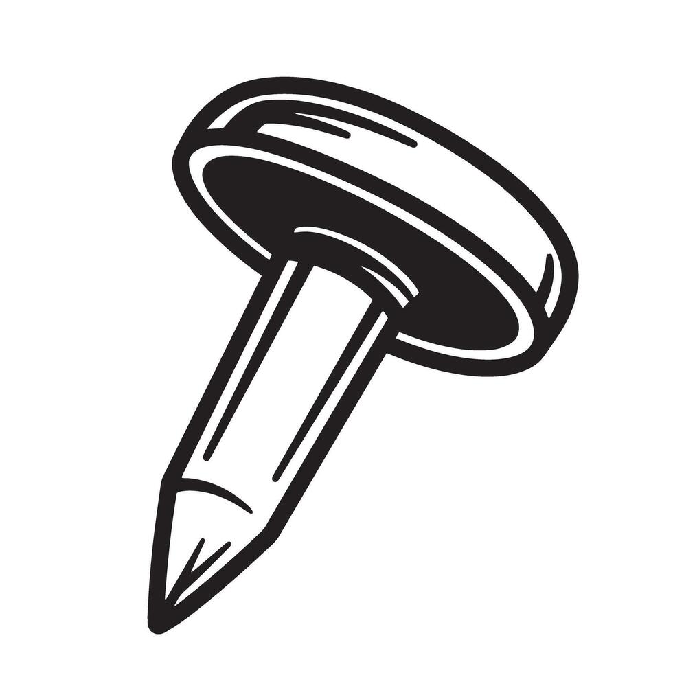 A detailed black and white vintage art silhouette depicting a push pin with bold outlines vector