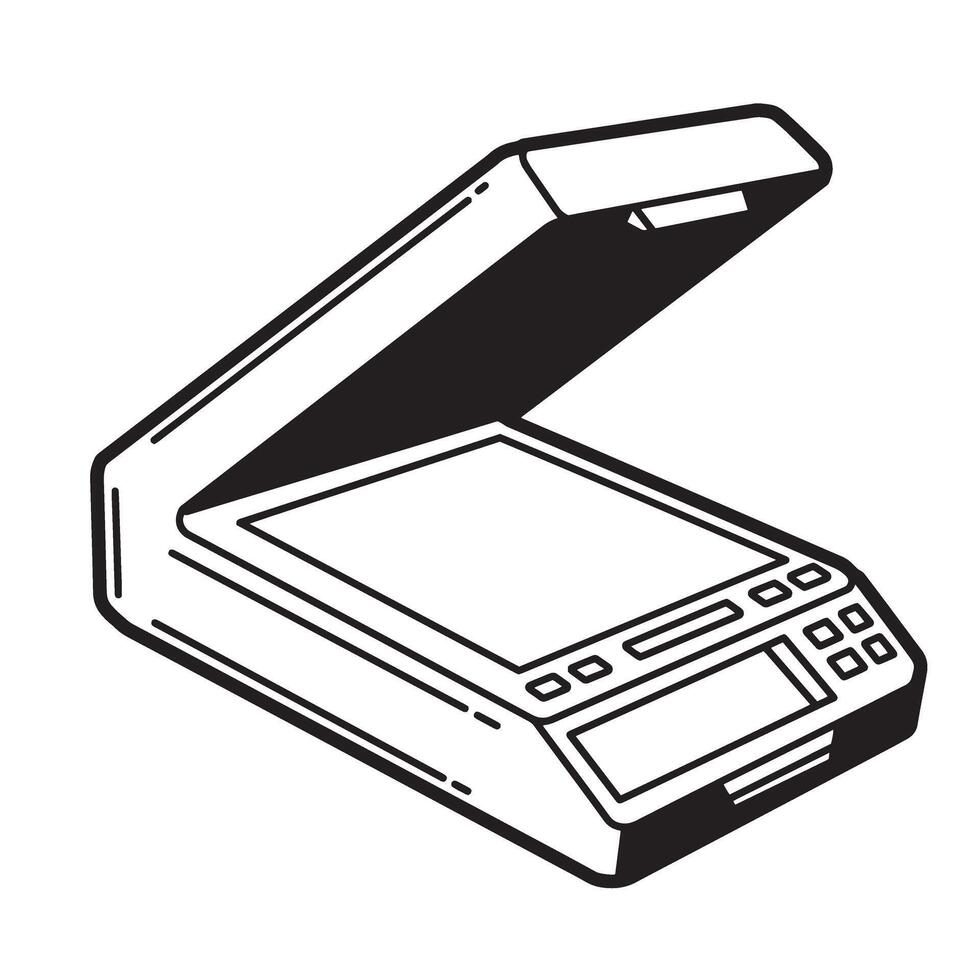 Black and white illustration of a vintage art style scanner for document digitization vector