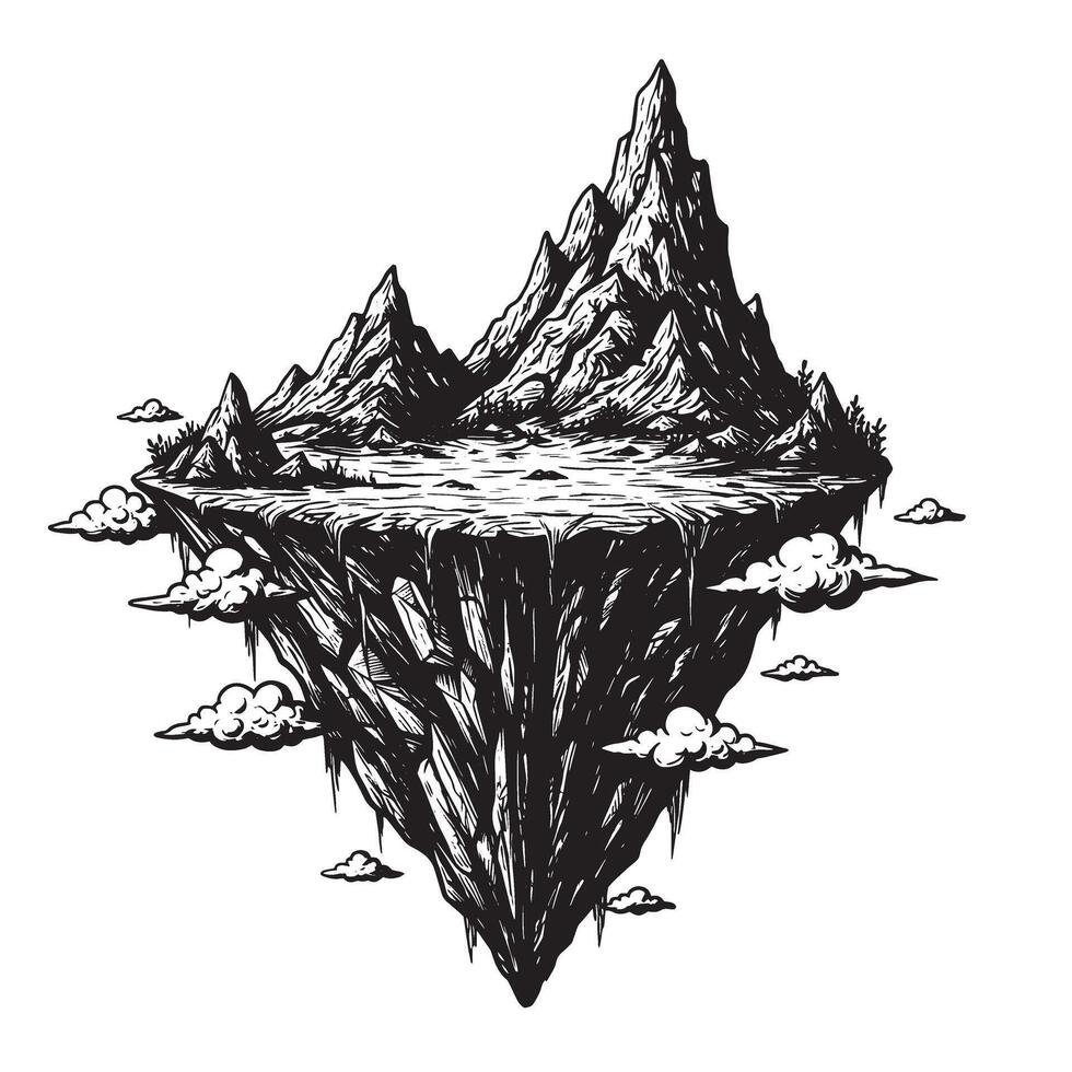 Intricate vintage art silhouette of a floating mountain island with clouds and peaks vector
