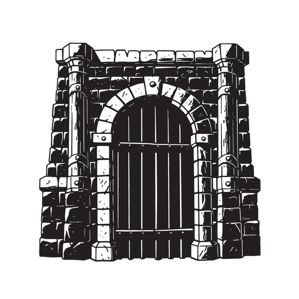 Detailed vintage art silhouette of a stone castle entrance with iron gate vector