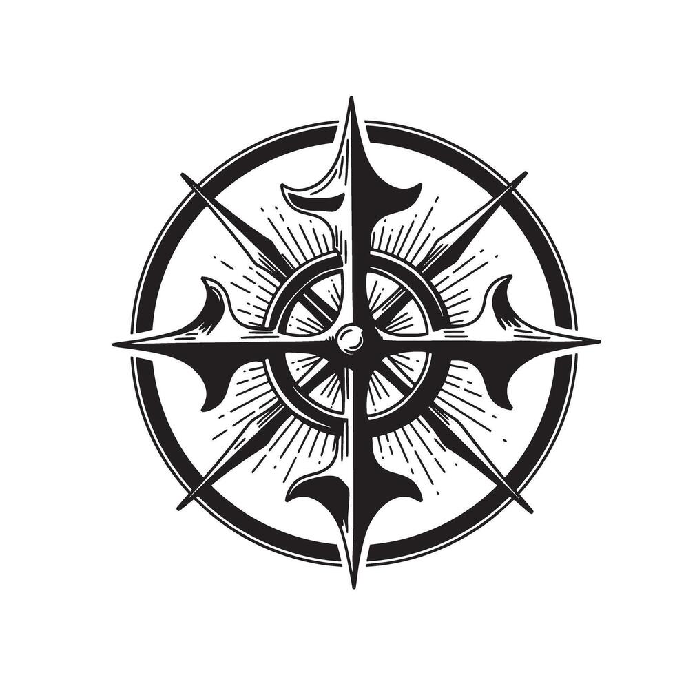 Vintage art silhouette compass illustration showing directional navigation on white background vector