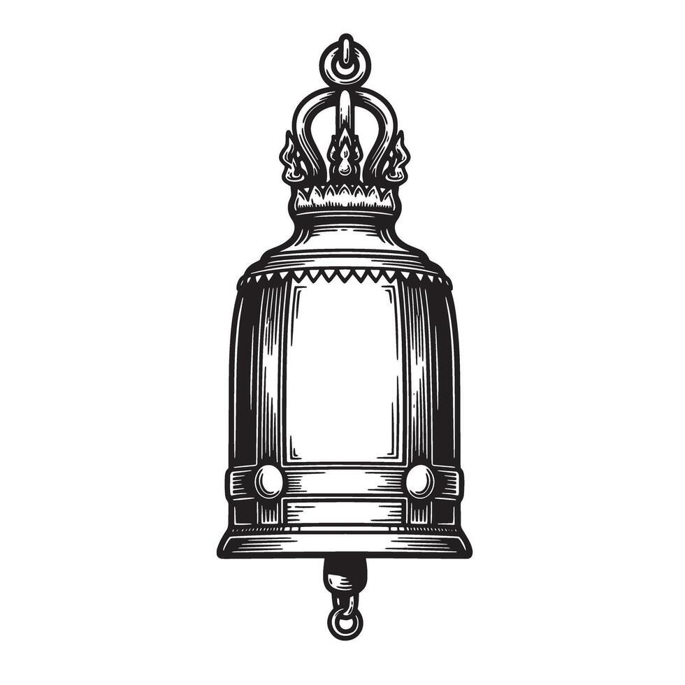 Detailed vintage art silhouette of a traditional thai temple bell in black and white vector