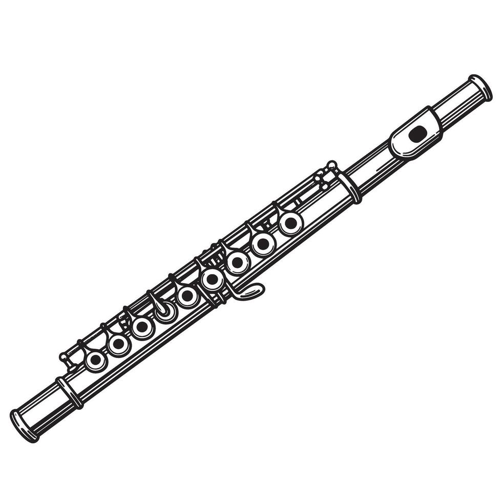 Black and white silhouette illustration of a classical flute instrument against a clean white background for decorative purposes vector