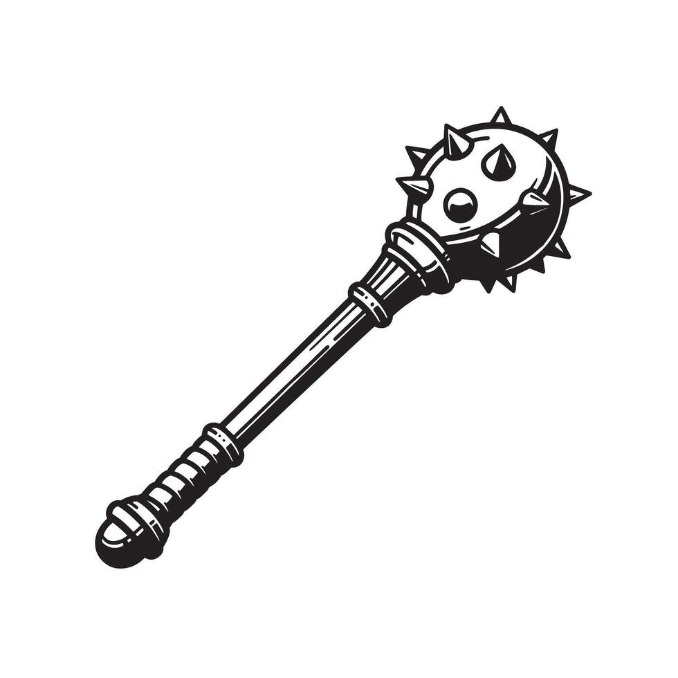 A vintage art silhouette illustration of a medieval mace weapon with spikes and detailed handle design on a white background vector