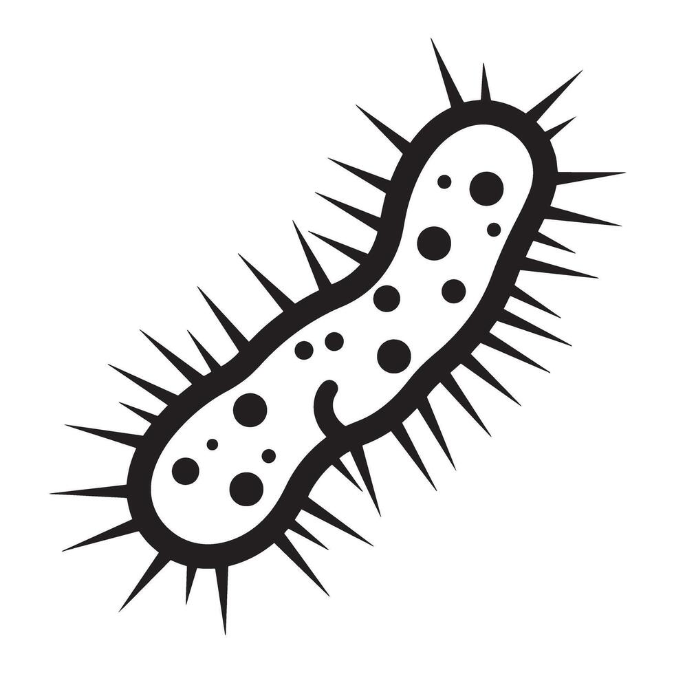 Black and white illustration of a stylized bacterium with spikes on white background vector