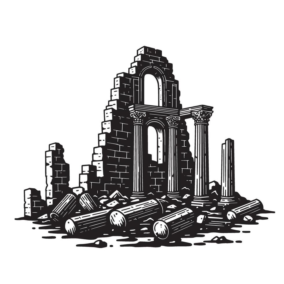 Ancient roman ruins silhouette featuring collapsed columns and damaged architecture vector