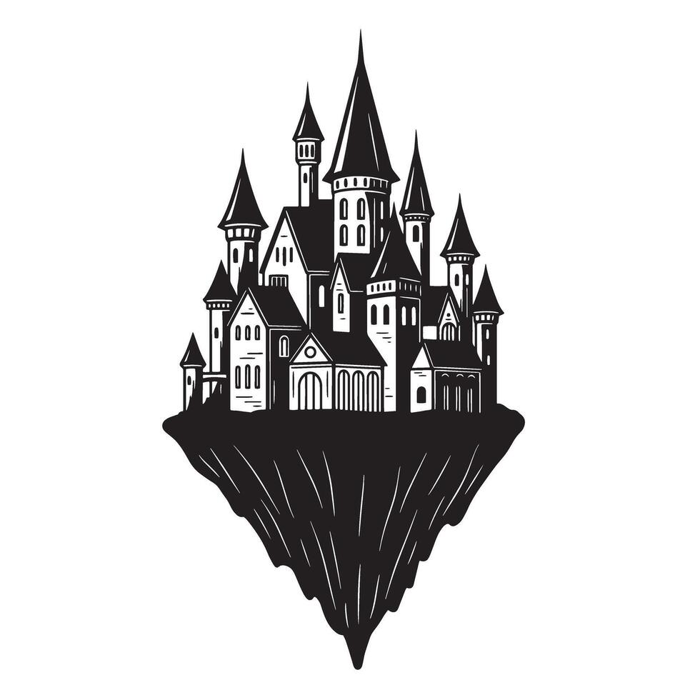 Magnificent vintage art silhouette illustration of a fantasy floating castle on white background vector