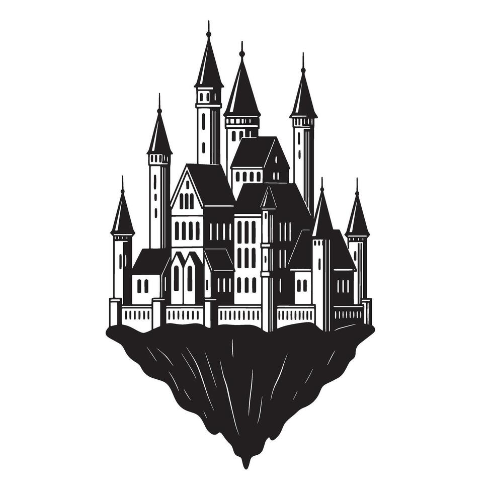 Fantasy castle illustration floating on a rock black and white vintage art silhouette vector