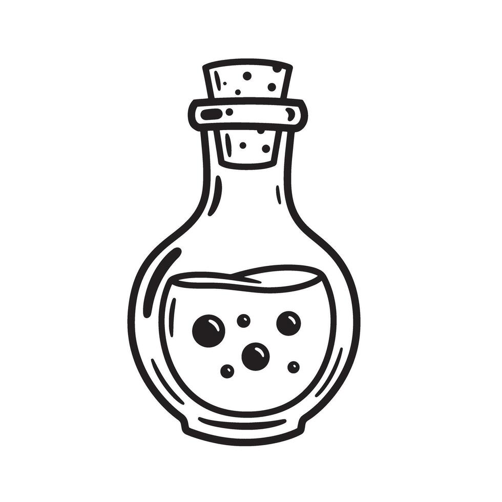 Hand drawn potion bottle illustration depicting a whimsical design with a cork stopper silhouette ready for magical or fantasy concepts. vector