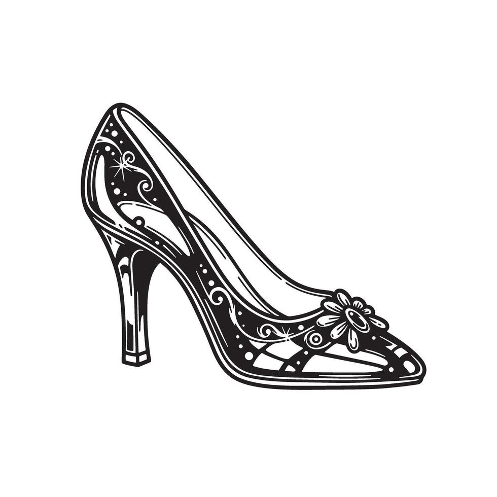 Elegant vintage art silhouette of a high heeled shoe adorned with floral embellishment vector