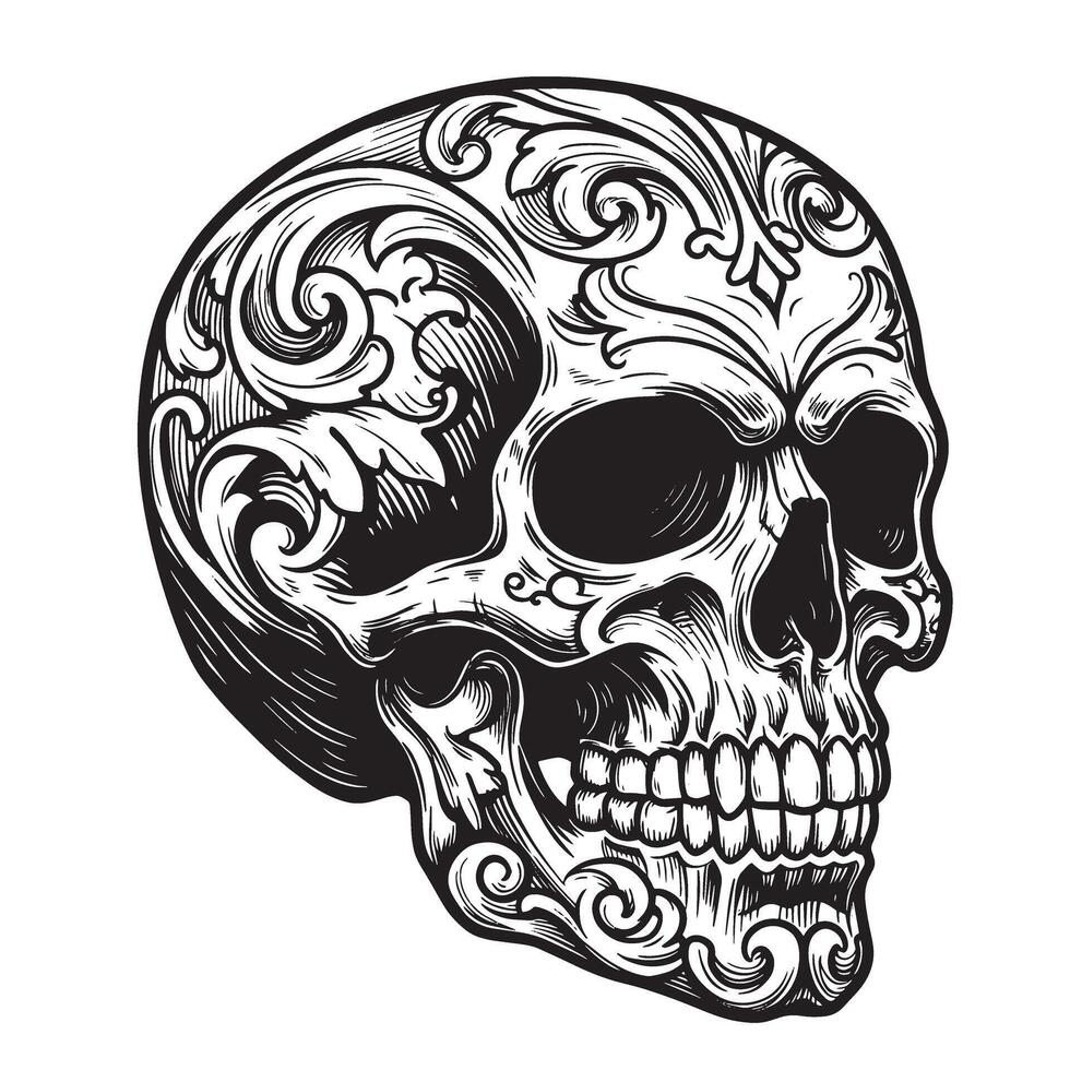 Intricate vintage art silhouette of a detailed skull embellished with decorative floral elements vector