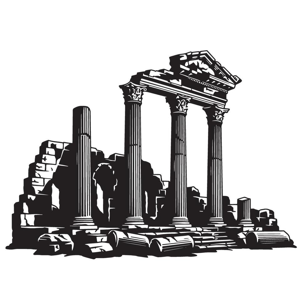 Ancient roman temple ruins vintage art silhouette in detailed black and white illustration vector