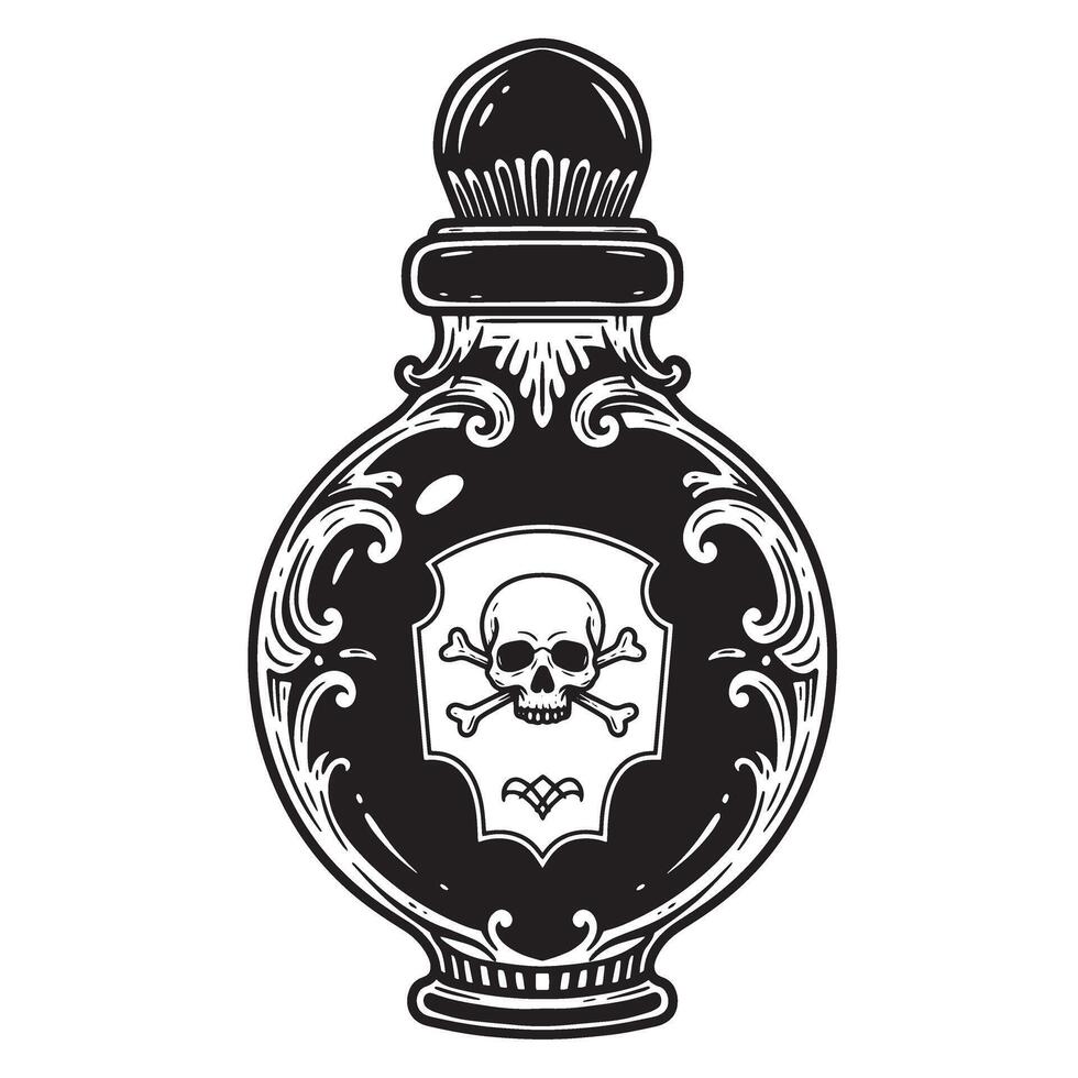 Vintage art silhouette of a decorative poison bottle featuring skull and crossbones symbol vector