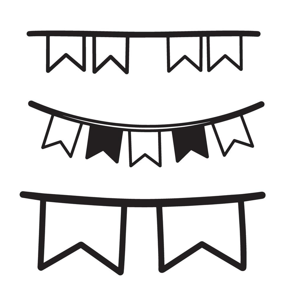illustration of three different styles of hand drawn banner flags featuring a silhouette outline for celebration decorations and party events. vector
