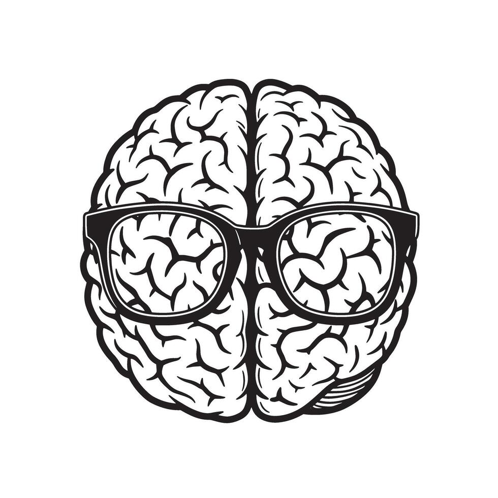 Intellectual brain illustration with black framed glasses representing intelligence and cognitive function in a simple silhouette design. vector