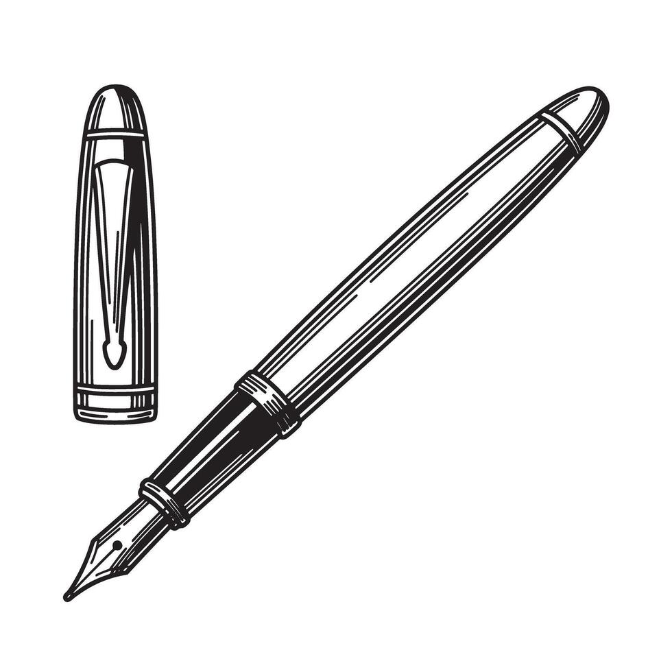 Detailed vintage art illustration of a classic fountain pen and its cap in black and white vector