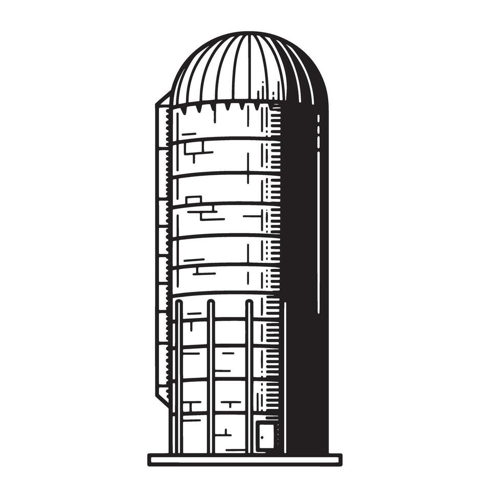 Vintage art silhouette of a tall cylindrical farm silo for grain storage vector