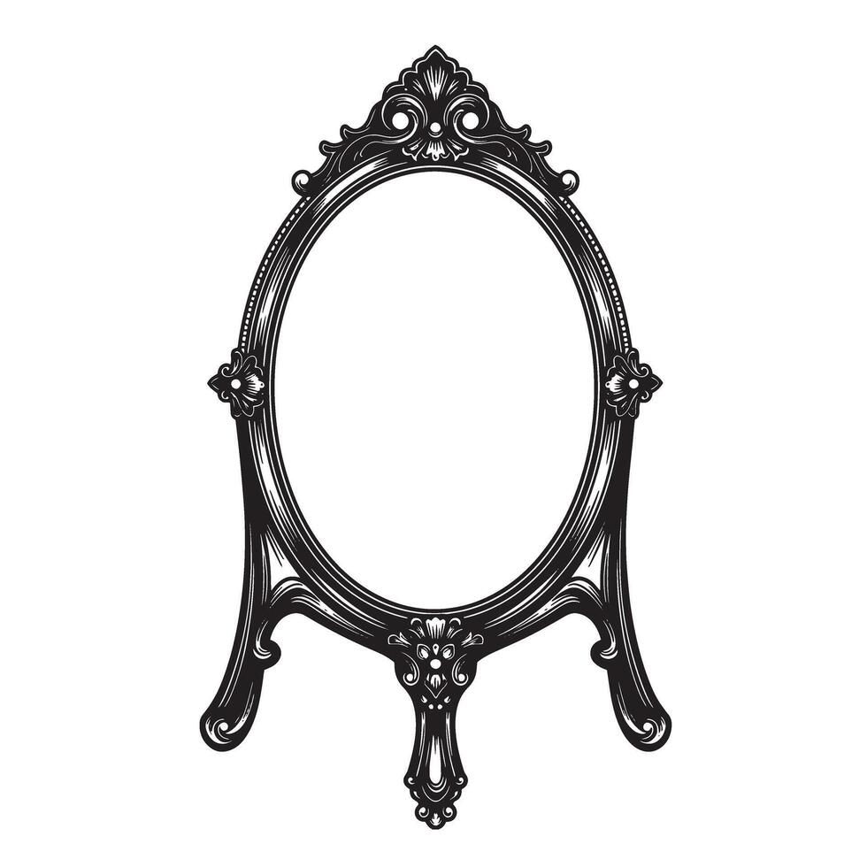 Elegant vintage art silhouette of a decorative oval mirror in detailed black and white vector