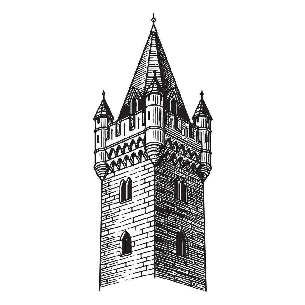 Detailed vintage art silhouette depicting a tall medieval castle tower structure vector