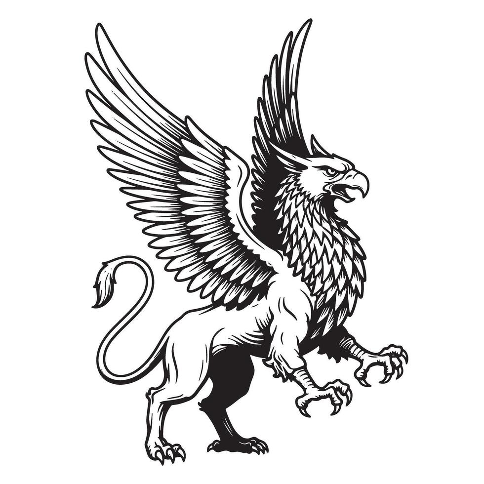 Detailed illustration of a majestic griffin a mythological creature with striking wings vintage art silhouette vector