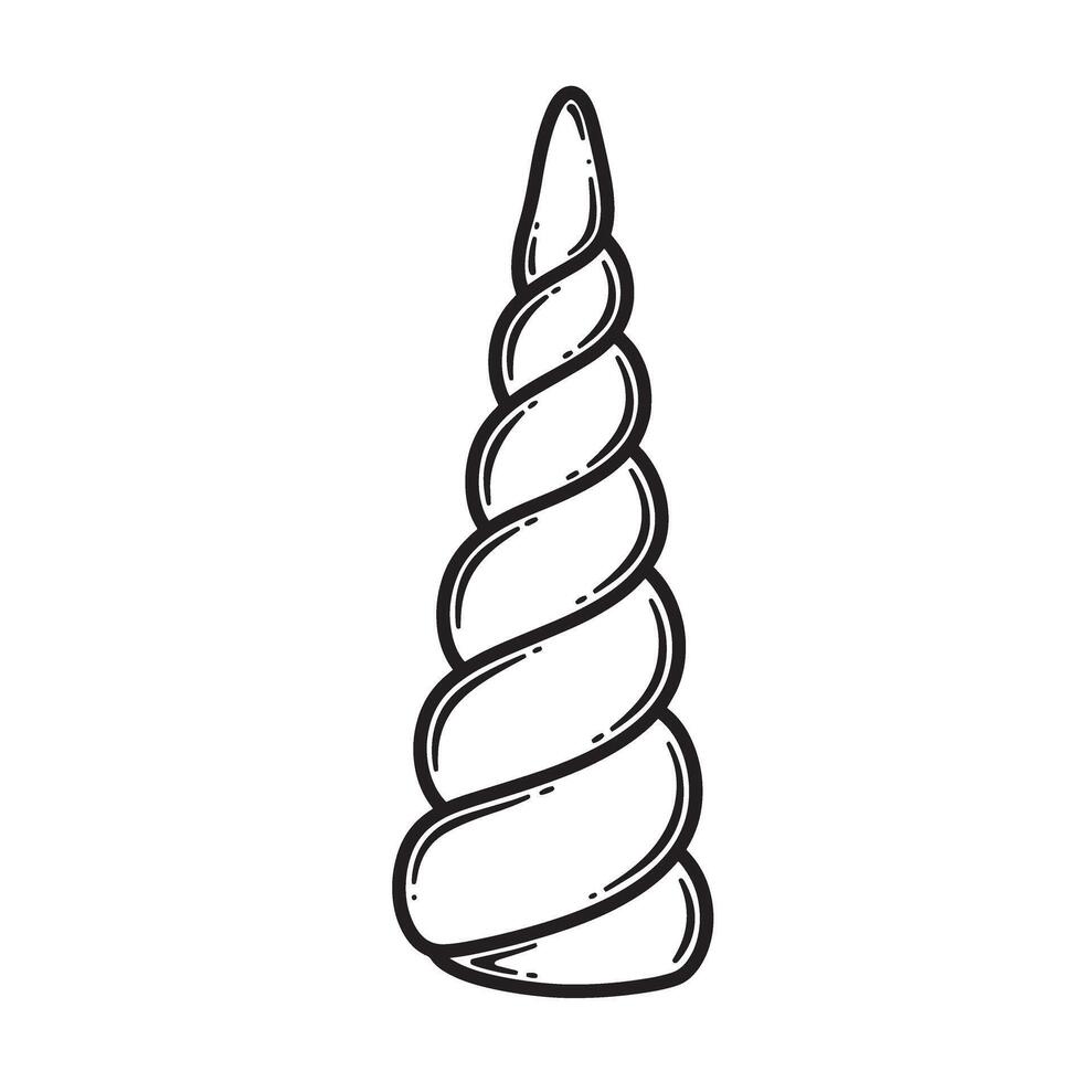 Detailed hand-drawn black and white illustration of a unicorn horn silhouette isolated on a plain white background for magical themes. vector