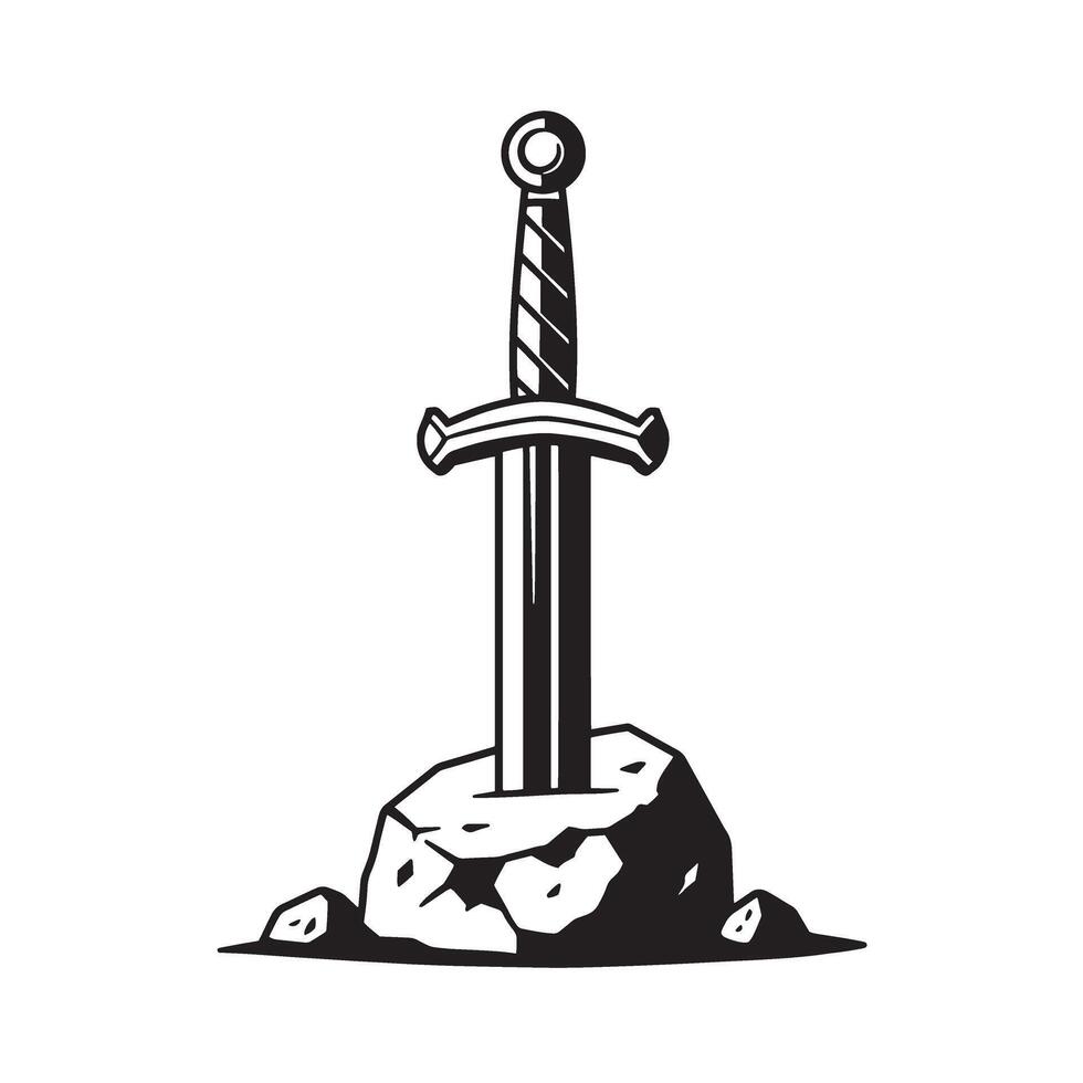 A monochrome illustration of a sword stuck into a stone symbolizing strength power and the legendary excalibur. vector