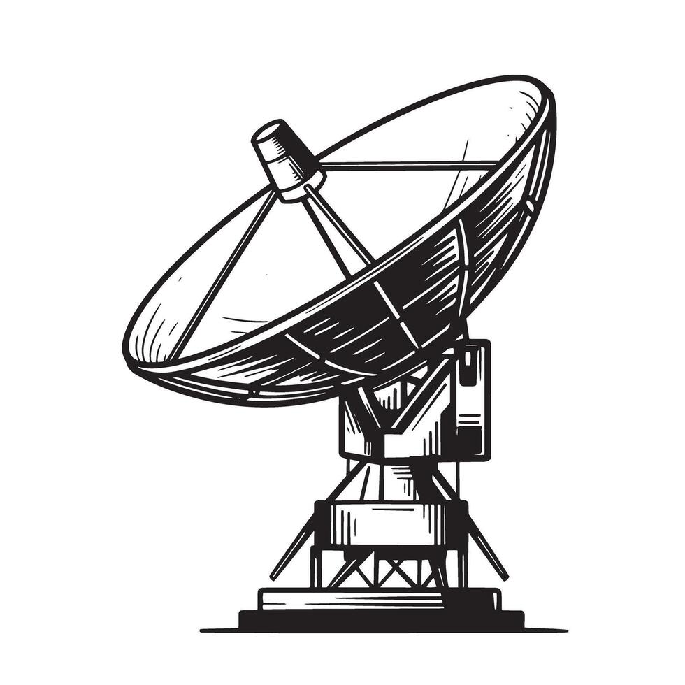 Vintage art silhouette of a detailed satellite dish receiving signals for communication and global data transmission vector