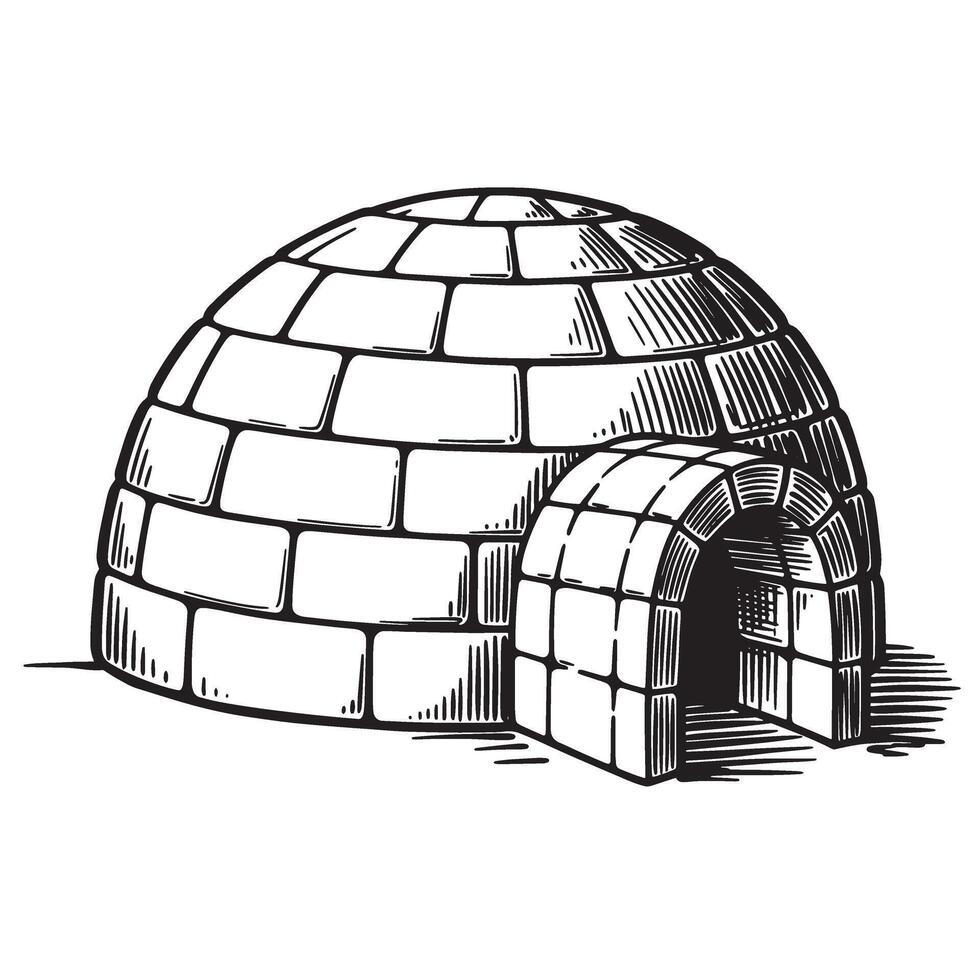 Vintage art of an igloo showing architectural design with entrance constructed from ice blocks vector