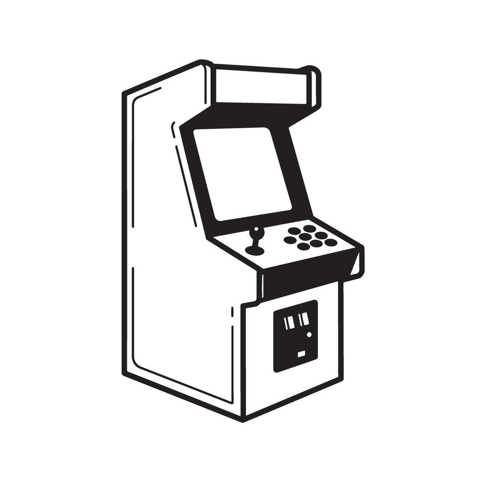 Black and white illustration of a vintage arcade cabinet with joystick and buttons arcade machine retro vector