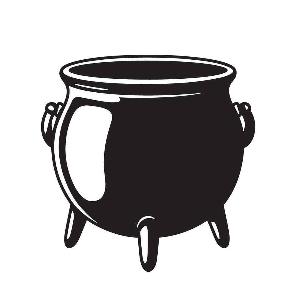 Vintage art silhouette of a traditional black cauldron with handle and legs on white vector