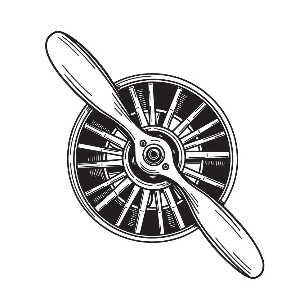 Detailed vintage art silhouette of an airplane propeller with blades and engine hub vector