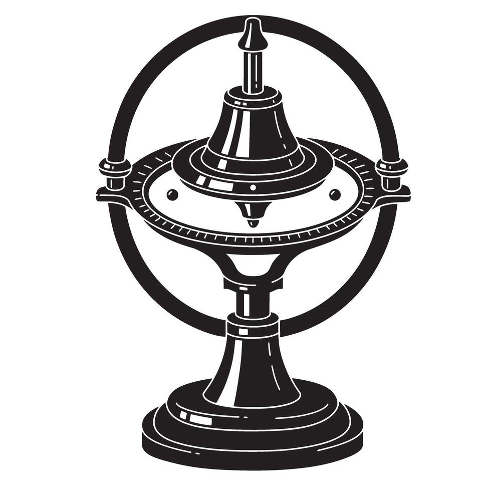Vintage art silhouette illustration of a gyroscope device for science experiment and exploration vector