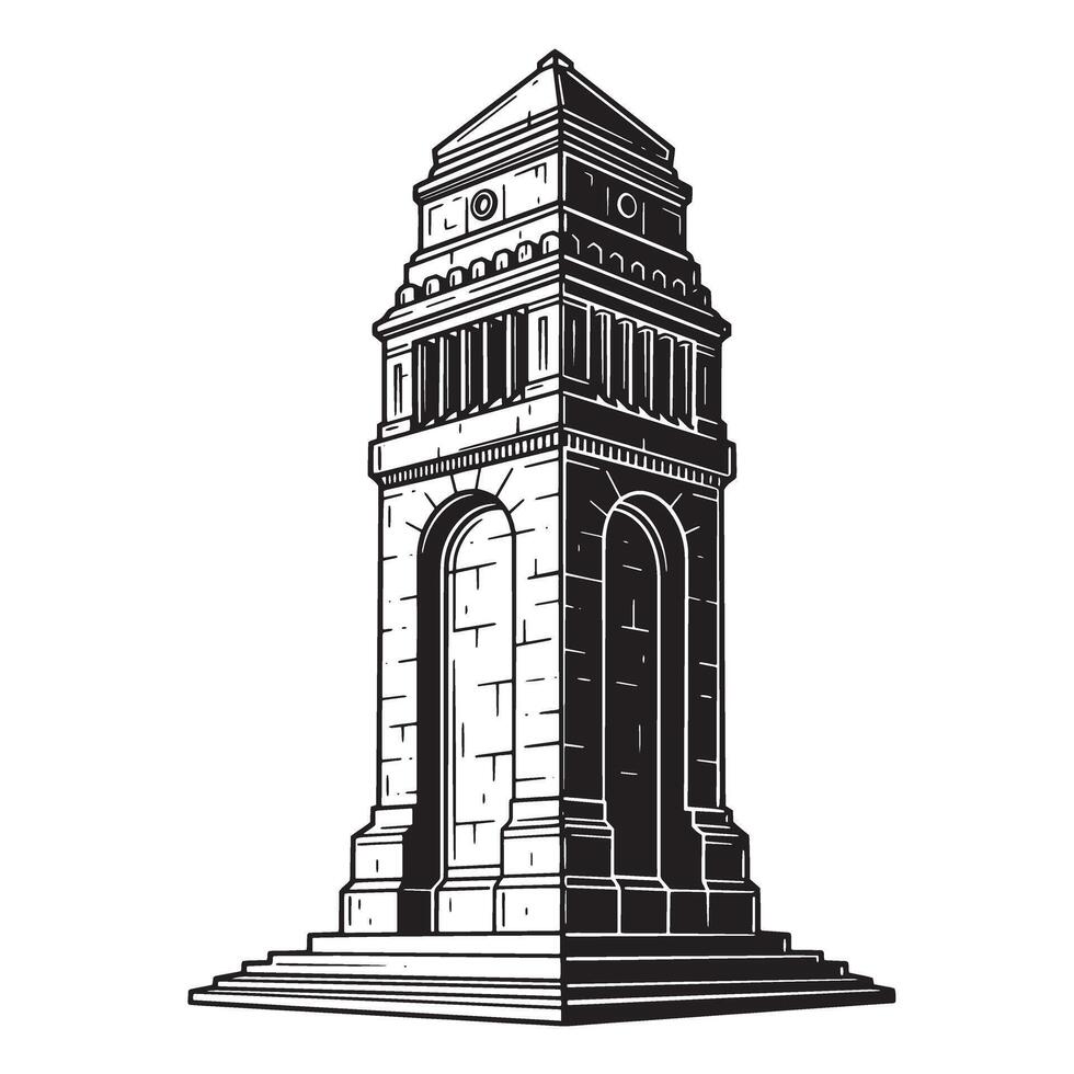 A vintage black and white illustration of a classical tall tower building structure silhouette. vector
