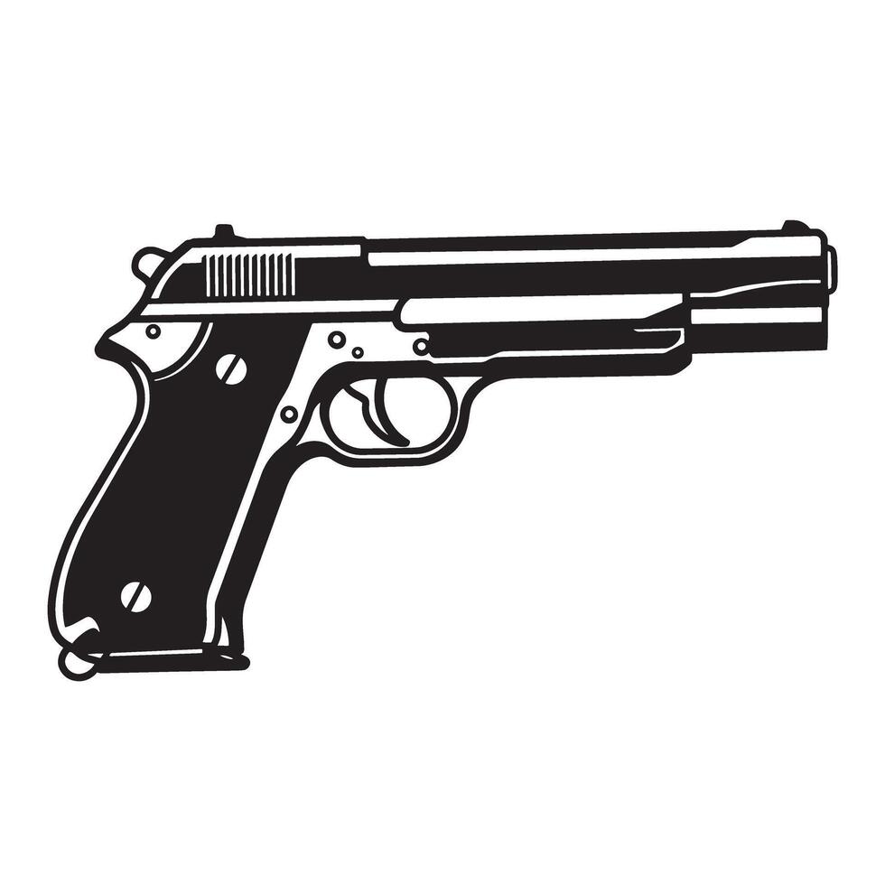 A detailed and stylized silhouette of a semi automatic handgun rendered in solid black color on a white background suitable for various design projects. vector