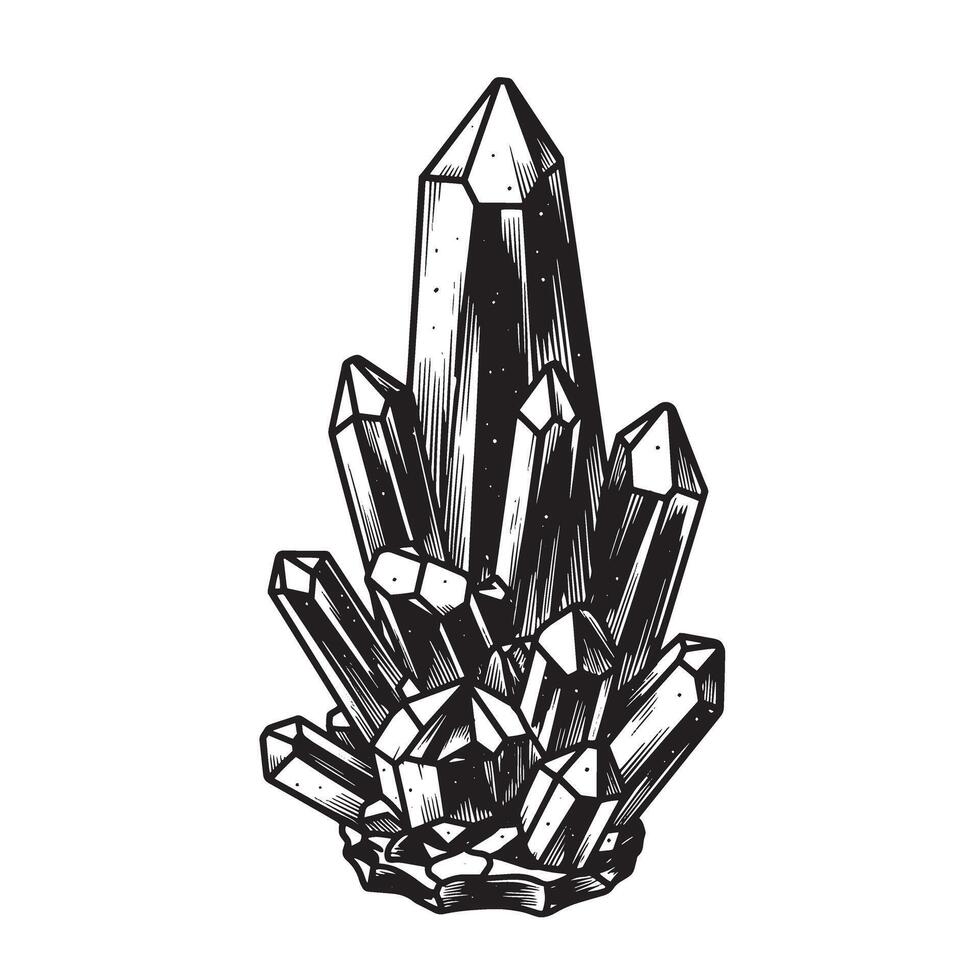 Detailed vintage art illustration of a cluster of crystal quartz in silhouette style for design vector