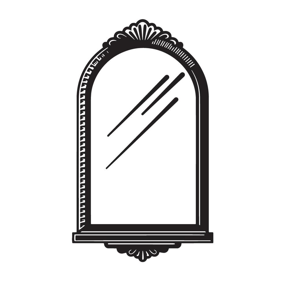 Elegant black and white vintage art silhouette of a decorative mirror with intricate frame detailing. vector