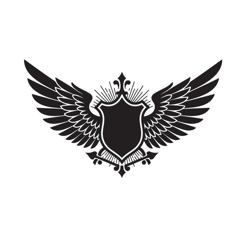 Detailed vintage art silhouette of a shield embellished with wings and decorative elements vector