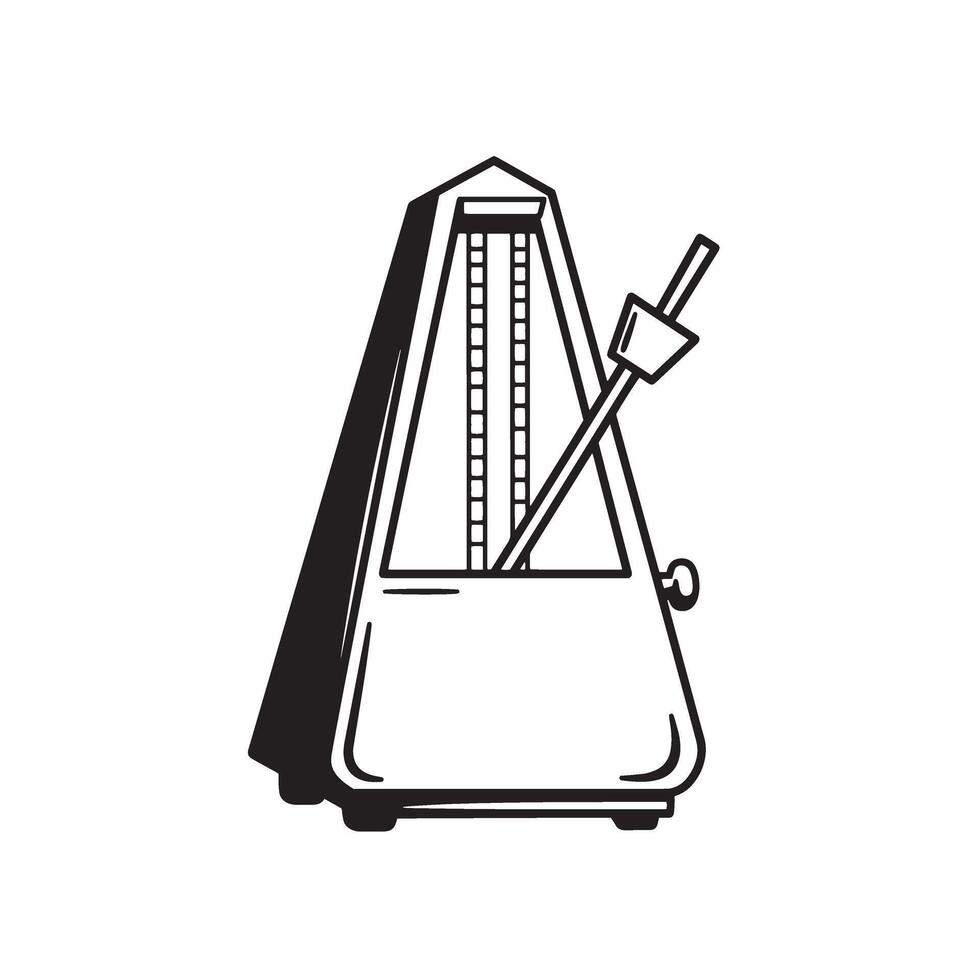 A minimalistic silhouette illustration of a mechanical metronome instrument used by musicians for timing and tempo accuracy black and white artwork vector