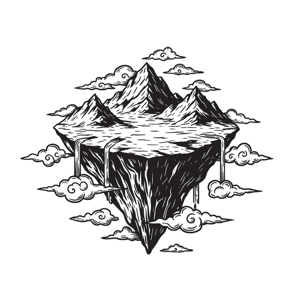 Artistic illustration of a floating island with waterfalls mountains and surrounding clouds vector