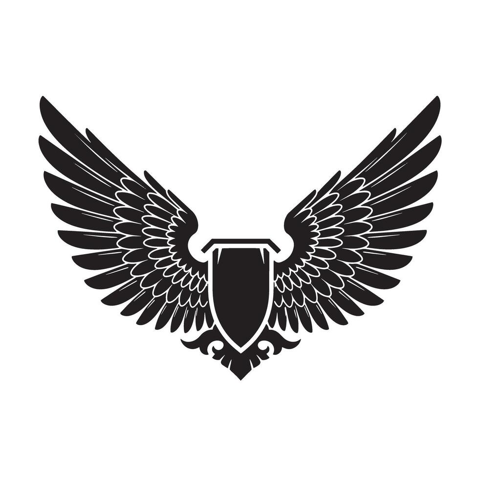 Elegant black wings with shield symbol design for vintage art and emblem concepts vector