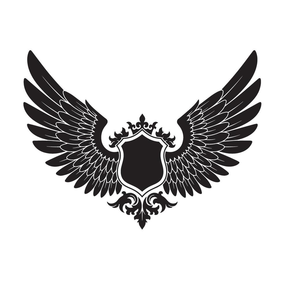 Elegant vintage art silhouette emblem featuring wings and shield design element vector