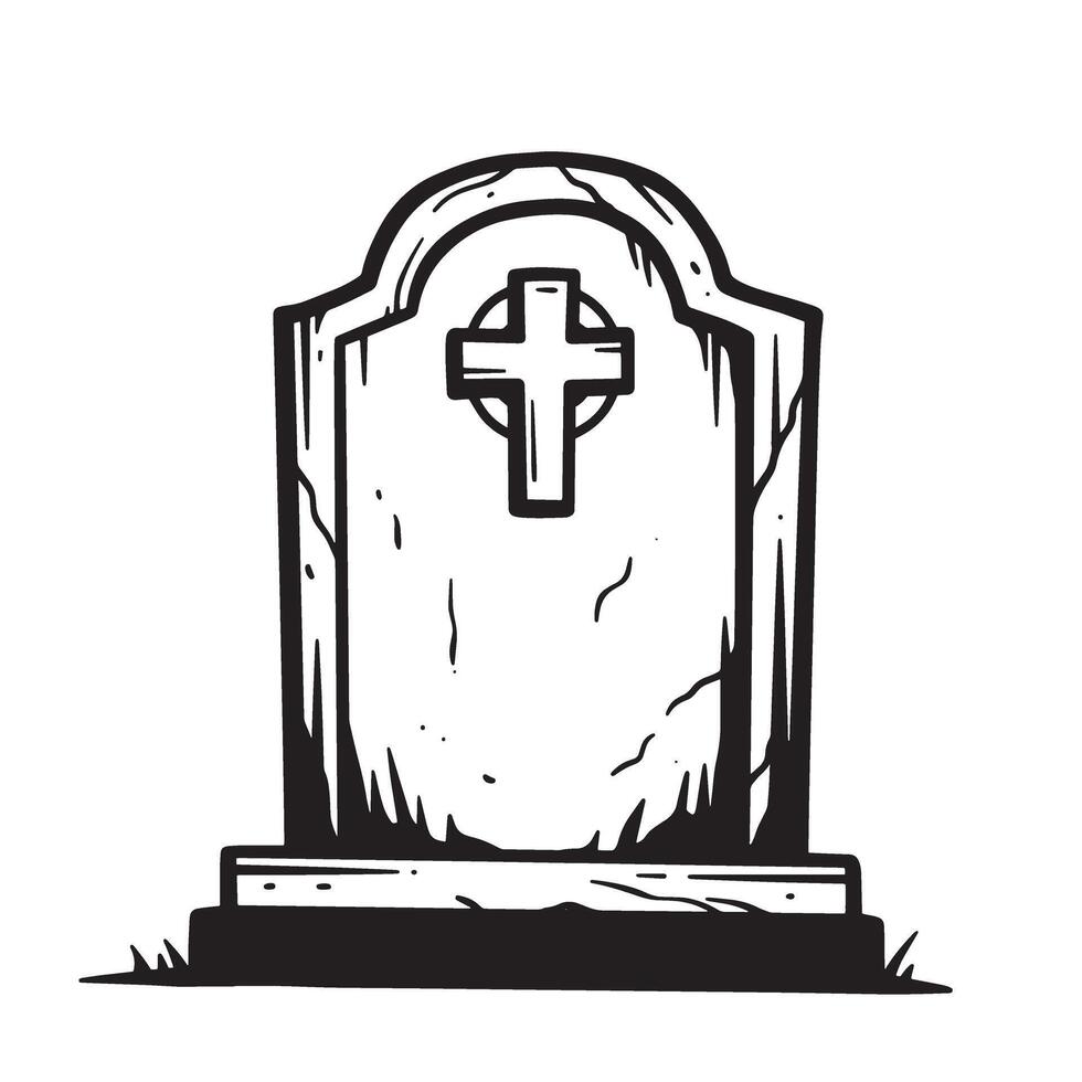 Hand drawn vintage art silhouette of a gravestone with a christian cross on white background vector