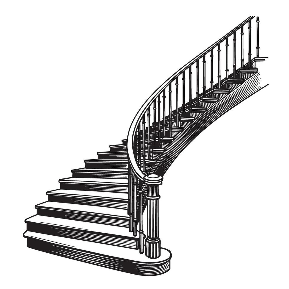 Elegant curved staircase in a vintage art style black and white architectural drawing vector