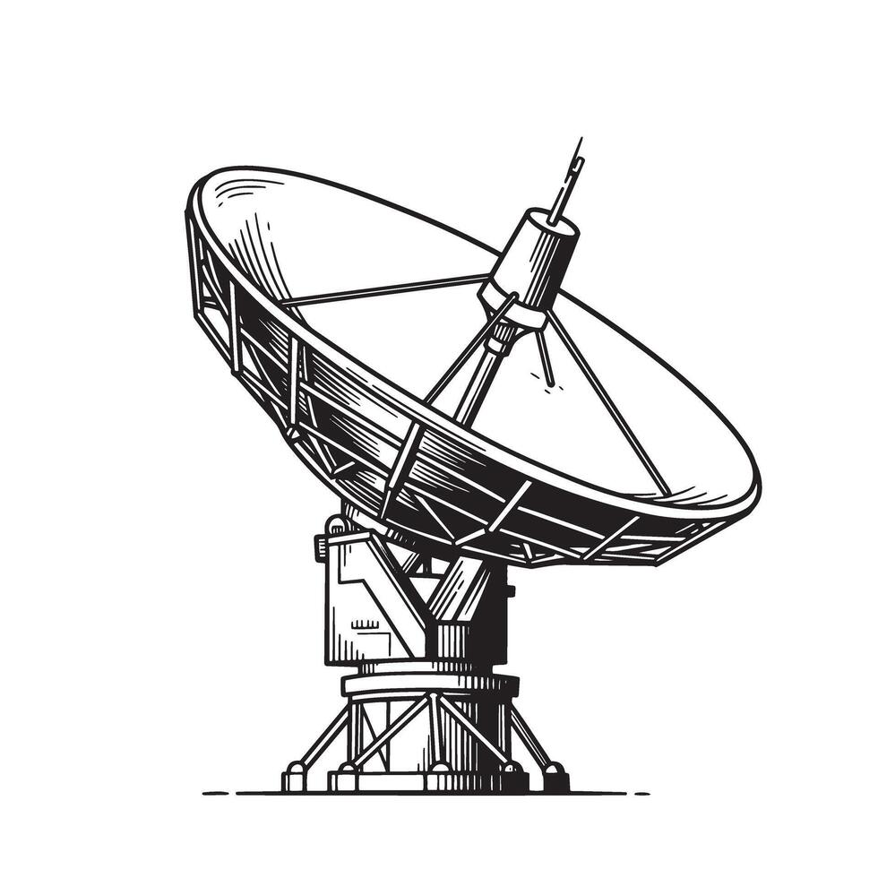 Vintage art silhouette of a large radio telescope dish for communication and space exploration vector
