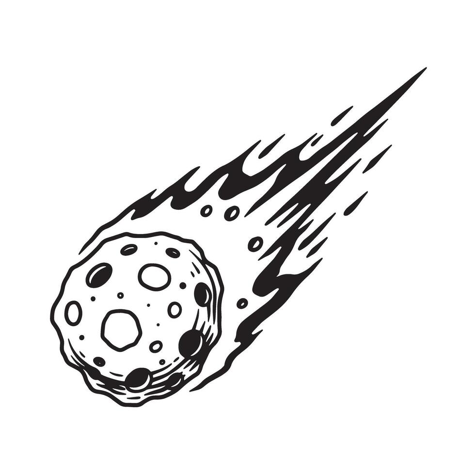 Hand drawn vintage art silhouette of a meteoroid in space travelling across the sky black and white illustration vector